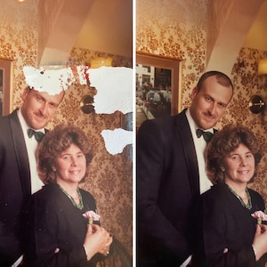 Restored old photograph featuring expert detail enhancement and color balance. The image captures the emotion and story of generations, brought back to life through professional editing.
