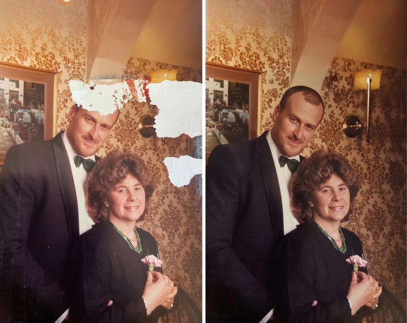 Restored old photograph featuring expert detail enhancement and color balance. The image captures the emotion and story of generations, brought back to life through professional editing.
