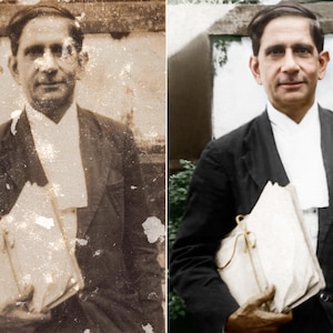 A digital photo repair result showing complete recovery of an aged, stained, and torn picture. Each element was carefully retouched to restore emotional depth and authenticity.