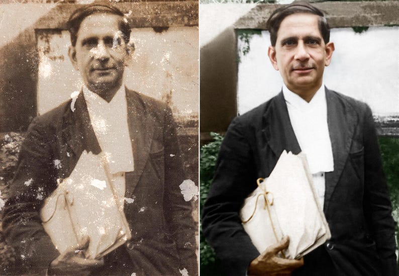 A digital photo repair result showing complete recovery of an aged, stained, and torn picture. Each element was carefully retouched to restore emotional depth and authenticity.