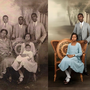 Digital restoration example of a severely damaged old photo, fully repaired and colorized with care. Perfect for showcasing the quality of photo repair services that combine artistry and precision.