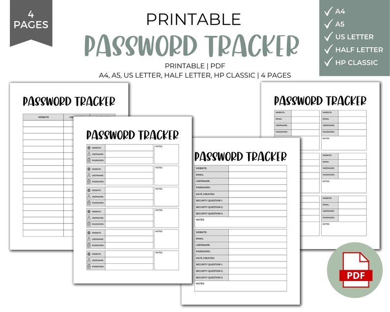 Printable Password Tracker Download Log Personal Planner - Etsy