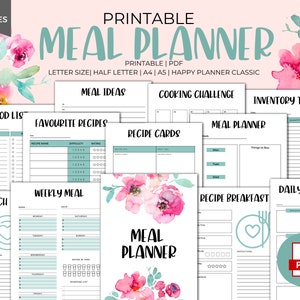Meal Planner Printable - Download, Weekly Meal Planner, Monthly Meal Planner, Half Size, A5, A4 Letter, Menu Planning Notebook, Inserts