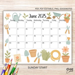 June 2025 Calendar Printable | Editable June 2025 Calendar - Garden, PDF & GoodNotes, Sunday Start, Letter Size Horizontal, Instant Download