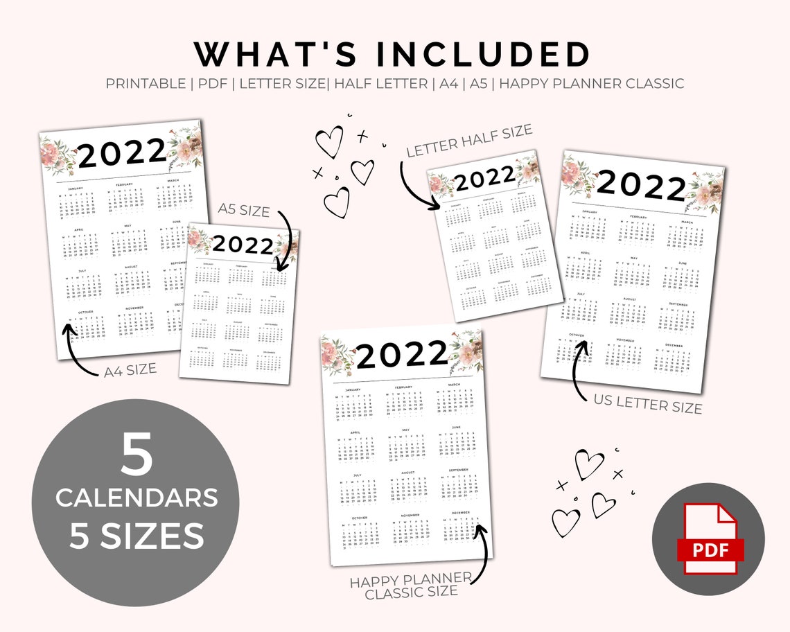 20212025 Calendars Printable Instant Download, Yearly Wall Desk