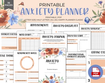 Può includere: Pianificatore di ansia stampabile di 36 pagine. Il pianificatore presenta un design floreale con fiori rossi, arancioni e blu. Il pianificatore include sezioni per appuntamenti, grafici dell'umore, schemi di pensiero, esercizi di mindfulness e strategie di coping.