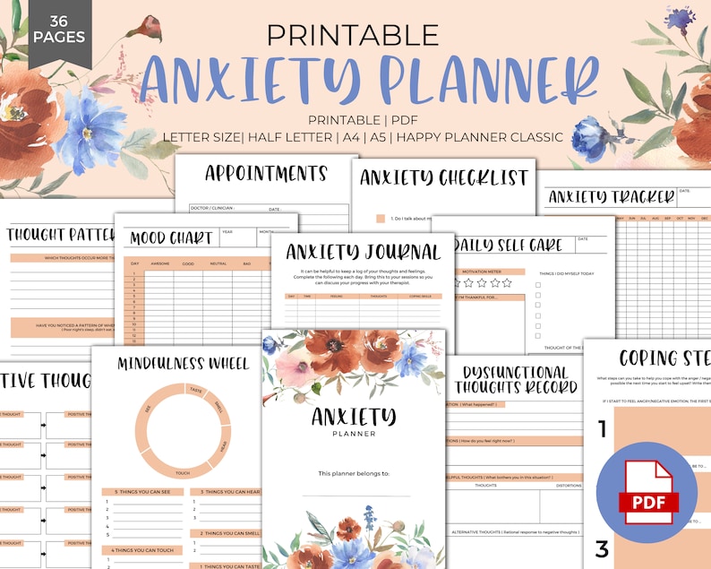 May include: Printable anxiety planner with 36 pages. The planner features a floral design with red, orange, and blue flowers. The planner includes sections for appointments, mood charts, thought patterns, mindfulness exercises, and coping strategies.