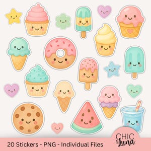 Pacchetto di adesivi stampabili per planner – Dolcetti estivi kawaii – 20 PNG con e senza bordo – Adesivi carini a tema alimentare per planner, diari e lavoretti