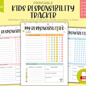 Kids Chore Chart Printable: Responsibility Tracker, Reward System (PDF)