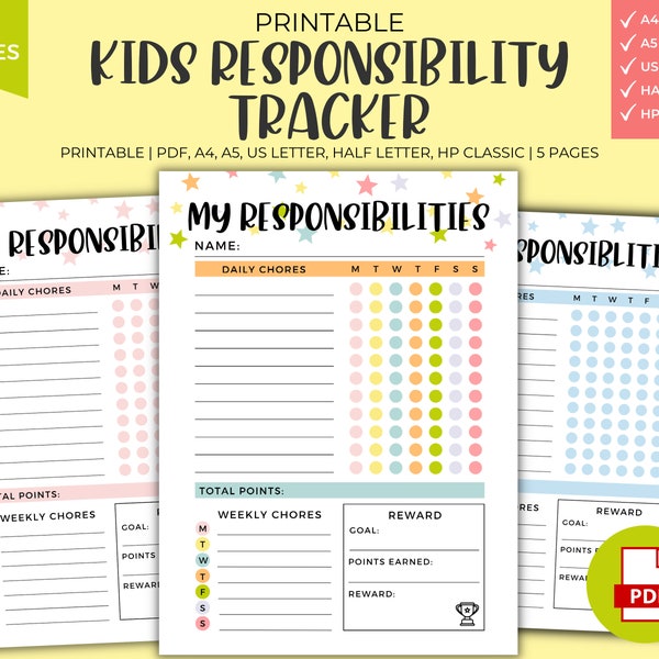 Kids Responsibility Tracker Printable - Instant Download, Daily Chore Routine, Children Reward System, Homeschool, 5 Pages, 5 Colors