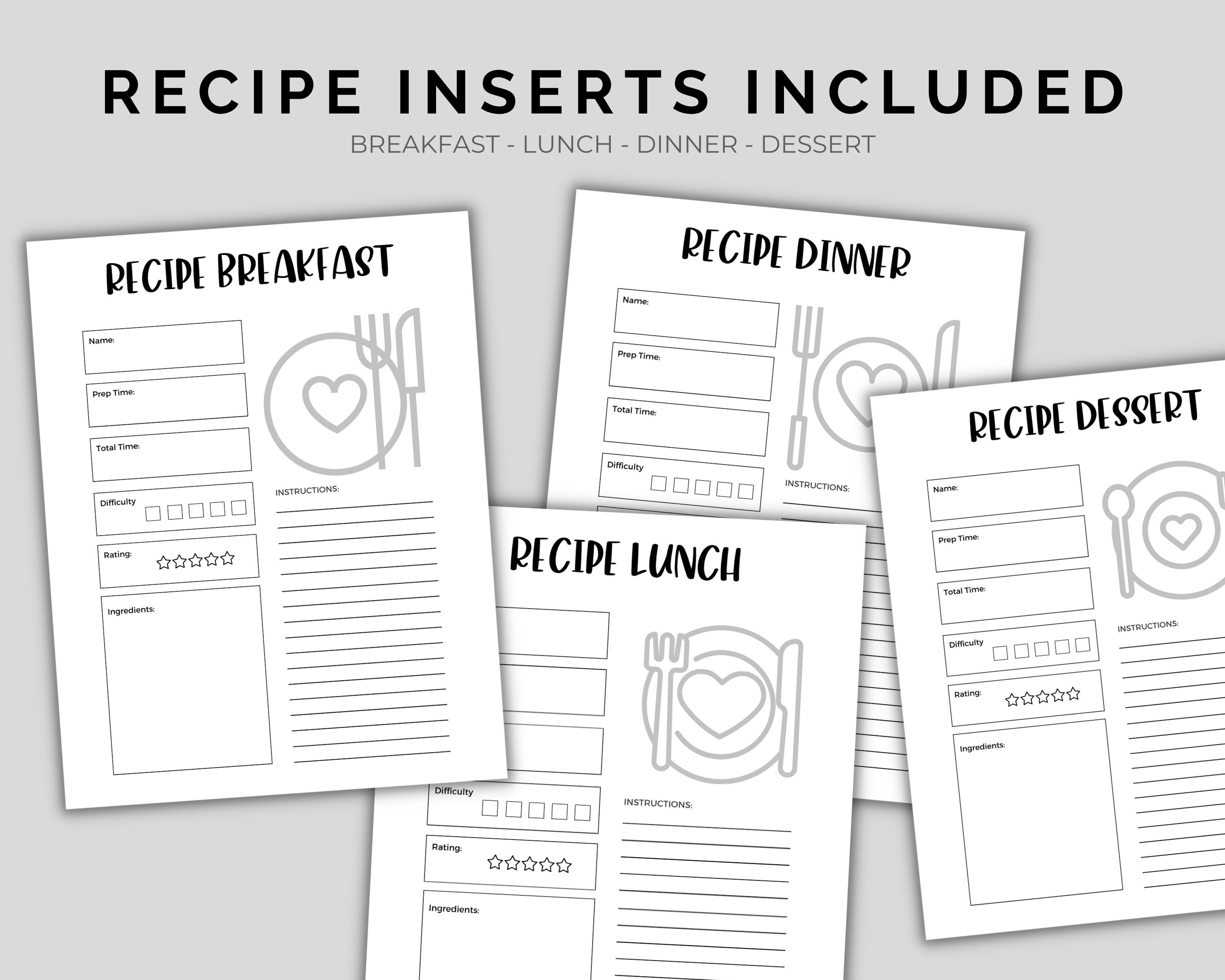 Recipe Inserts Printable Instant Download, Recipe Planner Inserts, PDF ...
