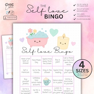 May include: A printable self-love bingo card featuring a pink bathtub and a candle with happy faces. The card has 25 squares with activities such as taking a hot bath, going for a walk, and writing a bucket list. The text "Self love Bingo" is at the top of the card. The card is available in four sizes: A4, A5, Letter, and HP Classic.