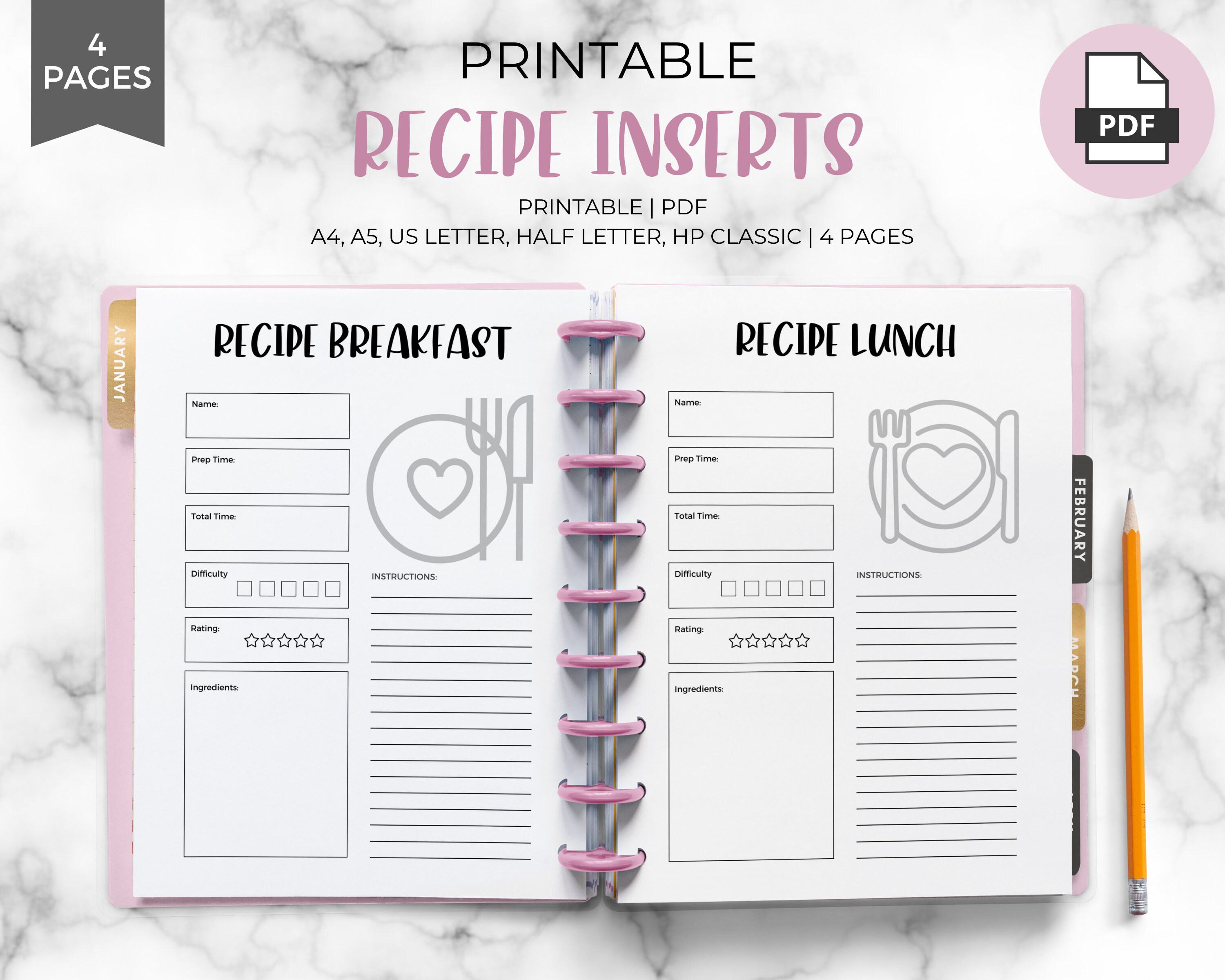 Recipe Inserts Printable Instant Download, Recipe Planner Inserts, PDF ...