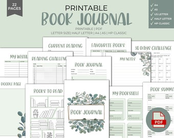 May include: Printable book journal with a green and white colour scheme. The journal includes pages for tracking reading challenges, favourite books, and book summaries. The cover features a watercolour illustration of eucalyptus leaves.