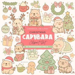 Peut inclure: Ensemble de cliparts sur le thème de Noël avec des capybaras, des cadeaux, des ornements et des arbres. Le texte indique "Christmas Capybara Clipart Set" avec la mention "Commercial Use Clipart" et "34 Transparent PNG's". Les illustrations sont dans des couleurs pastel douces.
