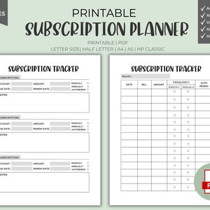 Subscription Tracker - Printable, Download, Subscription Log, Expenses Tracker, Planner Inserts, PDF