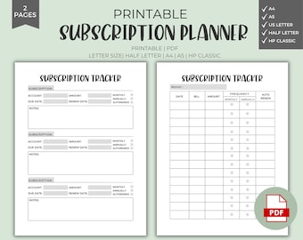 Subscription Tracker - Printable, Download, Subscription Log, Expenses Tracker, Planner Inserts, PDF