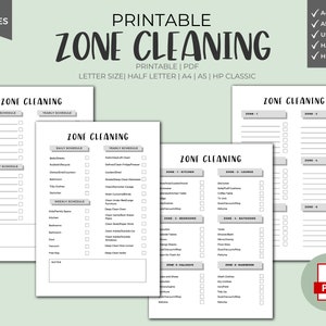 Zone Cleaning Tracker Printable - Instant Download, Cleaning Checklist, Home Cleaning,  Cleaning Tracker, A4, A5, US Letter, Half Letter, HP