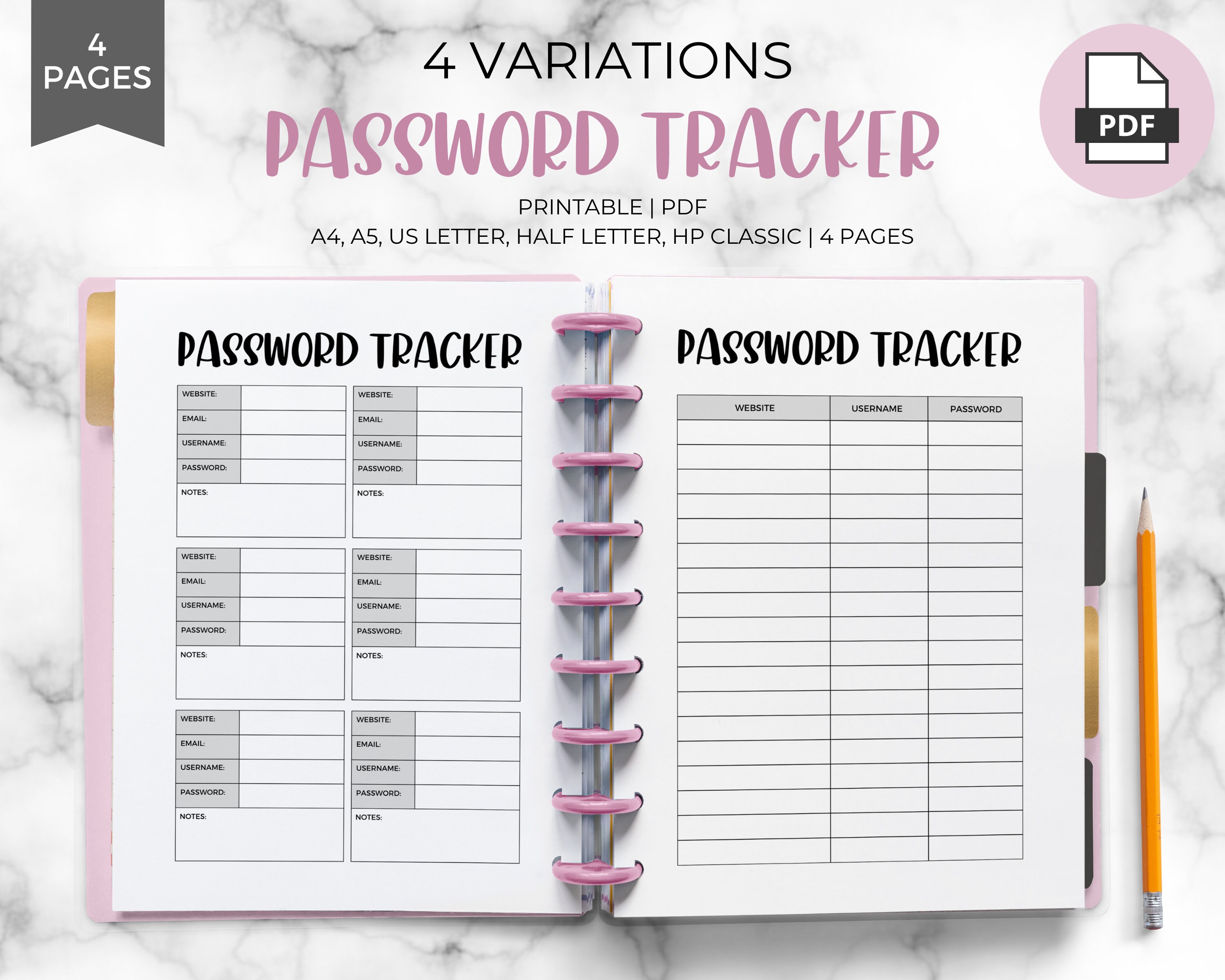 Printable Password Tracker: Personal Planner Inserts (PDF Download) - Etsy