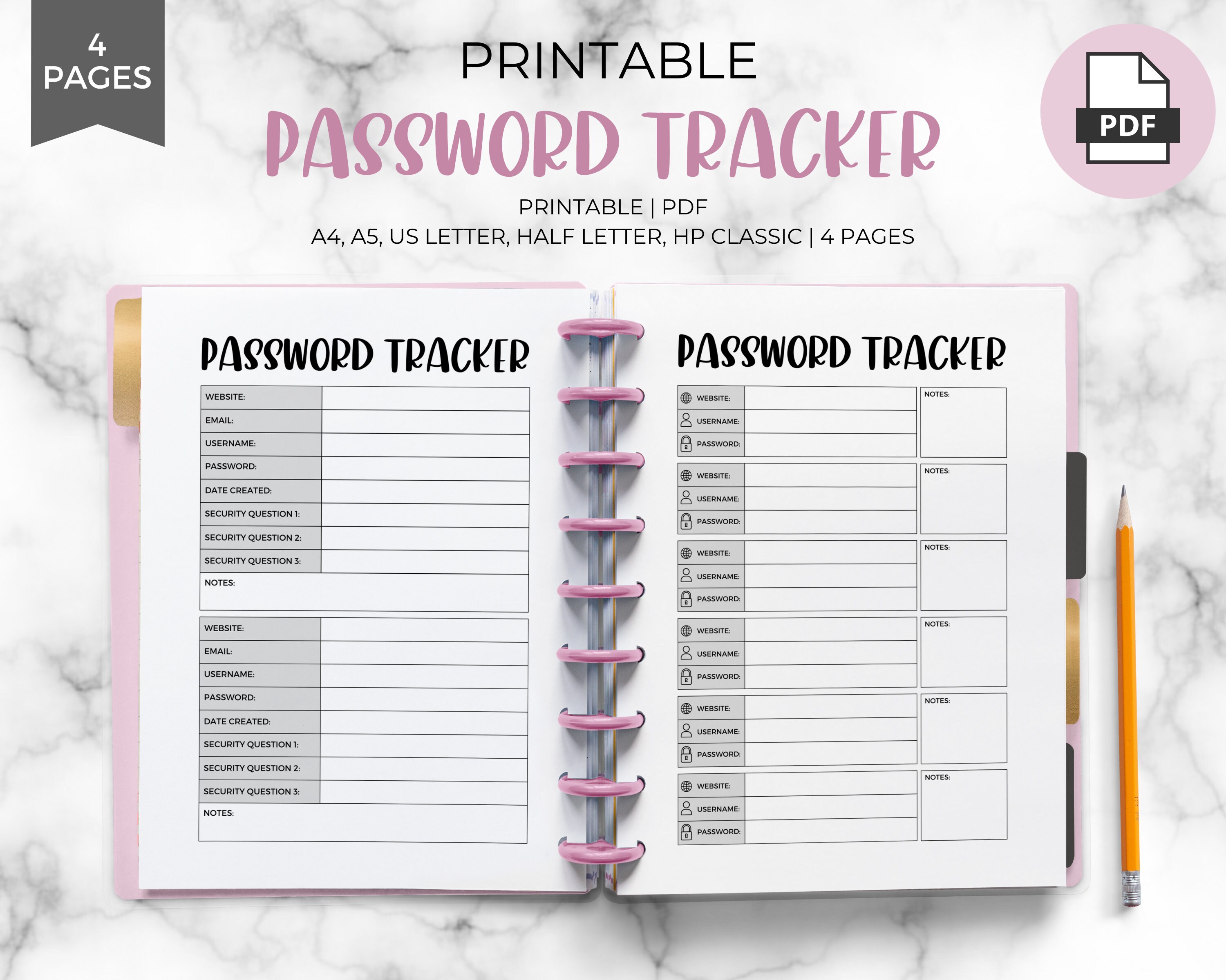 Printable Password Tracker: Personal Planner Inserts (PDF Download) - Etsy