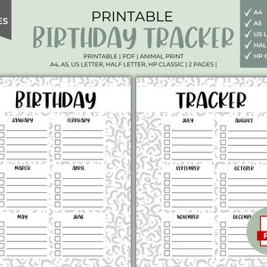 Seguimiento de cumpleaños imprimible - Planificador de cumpleaños, Recordatorio de cumpleaños, Inserción de cumpleaños, Cumpleaños, Minimalista, A5, A4, Tamaño medio, Carta, PDF
