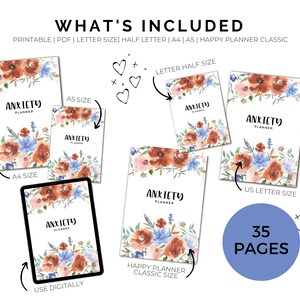 May include: Printable digital planner with a floral design in shades of orange, pink, and blue. The planner is available in multiple sizes, including letter, half letter, A4, A5, and US letter. The planner has 35 pages.