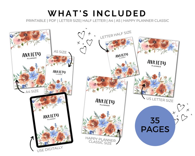 May include: Printable digital planner with a floral design in shades of orange, pink, and blue. The planner is available in multiple sizes, including letter, half letter, A4, A5, and US letter. The planner has 35 pages.