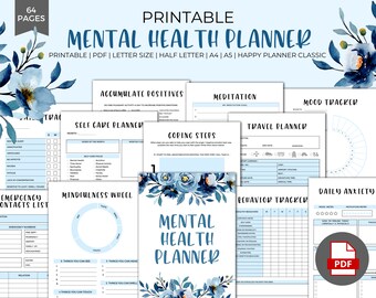 May include: Printable mental health planner with blue floral designs. The planner includes pages for tracking mood, anxiety, sleep, meditation, self-care, and more. The planner is available as a PDF download.