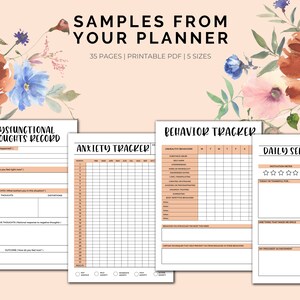 May include: Four printable planner pages with floral illustrations. The pages are titled "Dysfunctional Thoughts Record", "Anxiety Tracker", "Behavior Tracker", and "Daily Self Care".