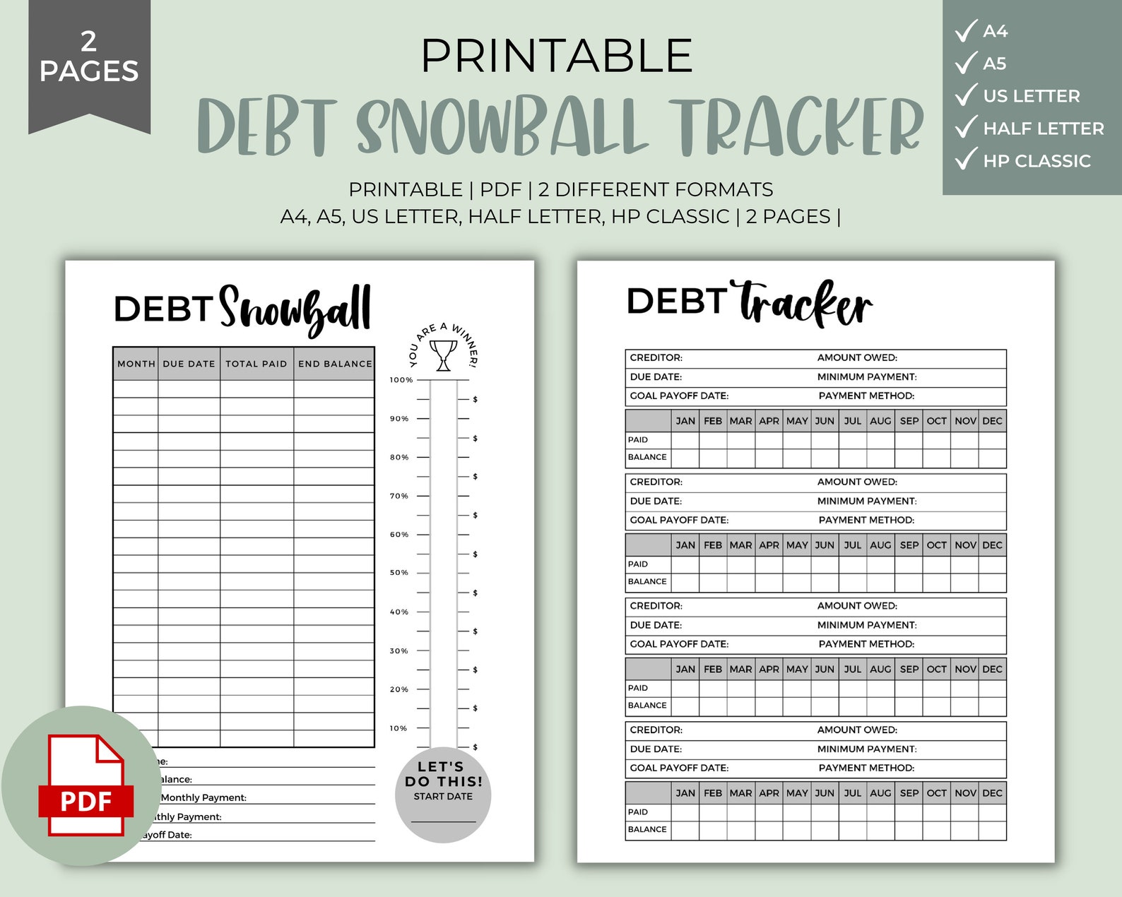 Debt Snowball Tracker Printable Instant Download Debt | Etsy