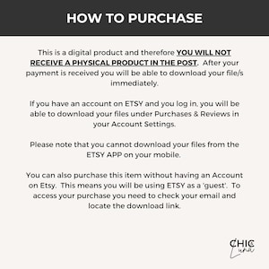 Op de afbeelding: Tekstuele instructies over het kopen van een digitaal product op Etsy. De tekst legt uit dat het product digitaal is en niet wordt verzonden. Het legt ook uit hoe je het product kunt downloaden na aankoop, zowel met als zonder een Etsy-account.