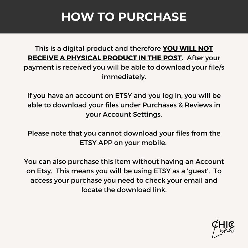 Op de afbeelding: Tekstuele instructies over het kopen van een digitaal product op Etsy. De tekst legt uit dat het product digitaal is en niet wordt verzonden. Het legt ook uit hoe je het product kunt downloaden na aankoop, zowel met als zonder een Etsy-account.