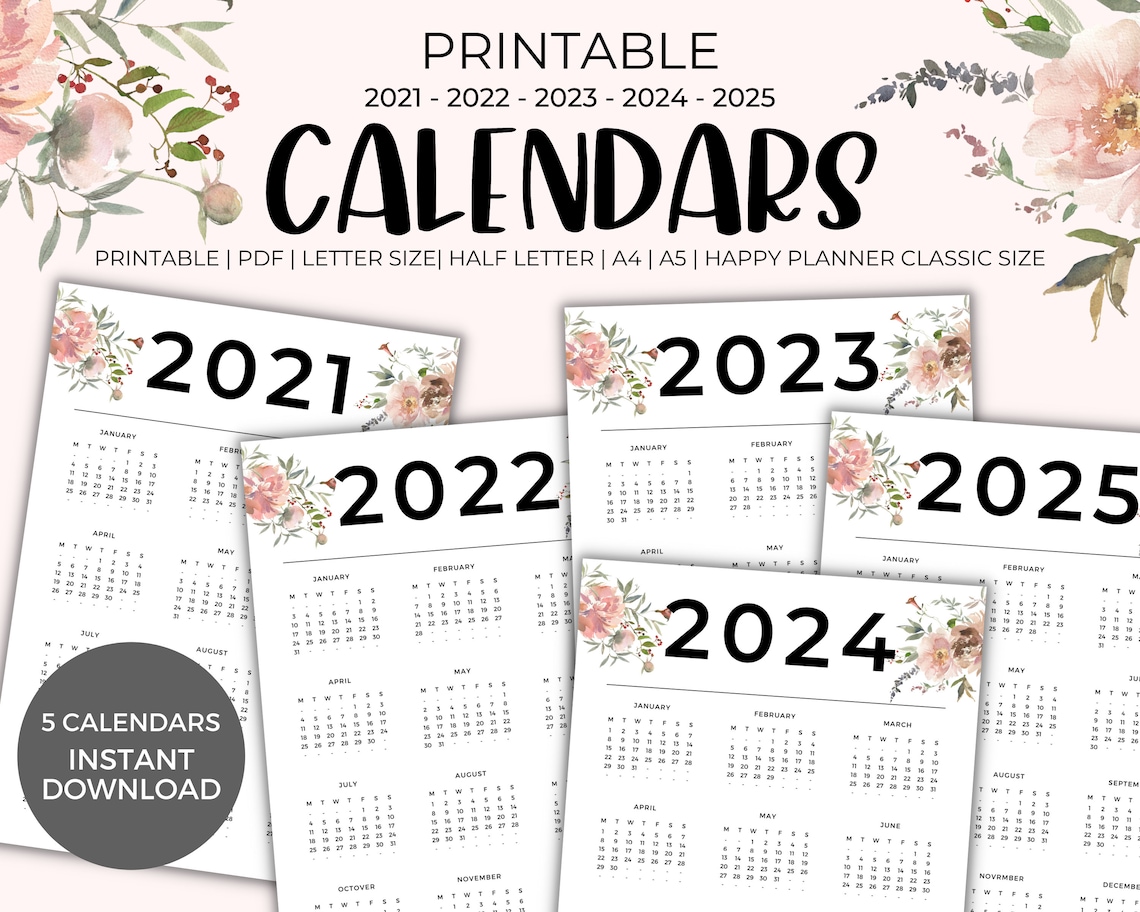 20212025 Calendars Printable Instant Download Yearly Wall Etsy