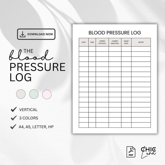 Blood Pressure Log Printable - Instant Download, Medical Tracker, Blood Pressure Tracker, Blood Pressure Chart PDF, Printer Friendly Sheet