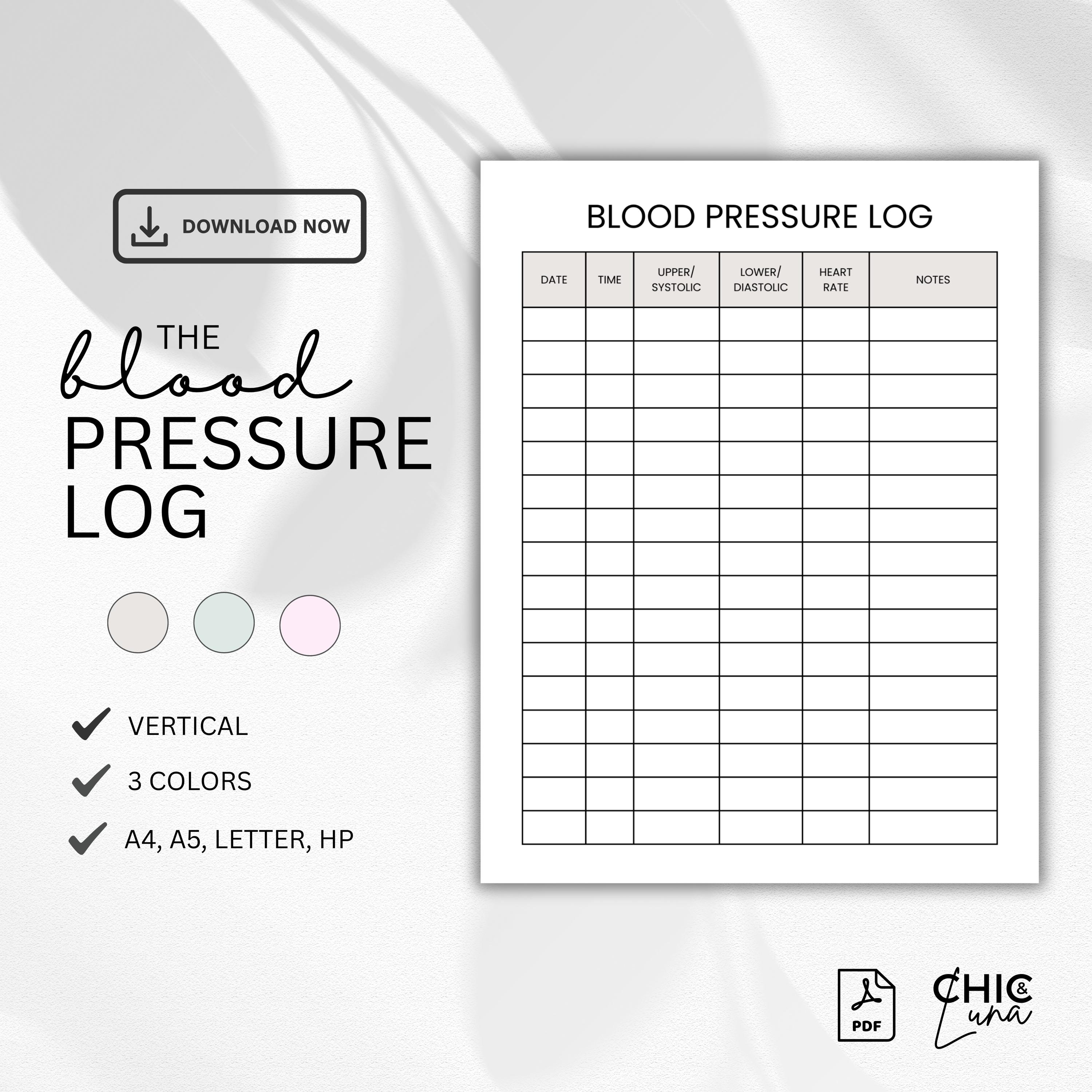 Blood Pressure Log Printable - Instant Download, Medical Tracker, Blood ...