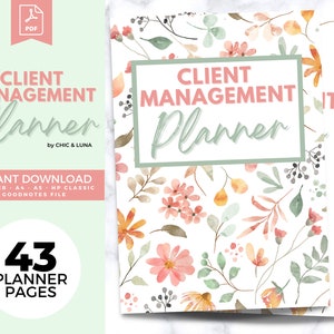 Può includere: Un planner digitale con un design floreale in tonalità rosa, verde e giallo. Il planner è intitolato "Client Management Planner" e ha 43 pagine. È disponibile per il download immediato nei formati US Letter, A4, A5, HP Classic e Goodnotes.