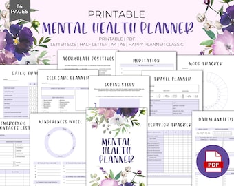 May include: Printable mental health planner with floral illustrations. The planner includes sections for daily tracking, self-care, coping steps, mindfulness, meditation, travel planning, mood tracking, behavior tracking, and daily anxiety. The planner is available in PDF format.