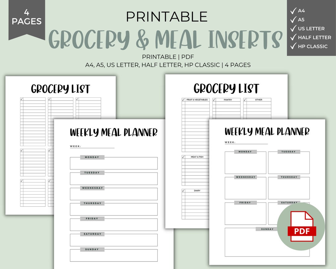 Weekly Meal Planner Printable: Grocery List, A4 A5 Letter Size (PDF) - Etsy
