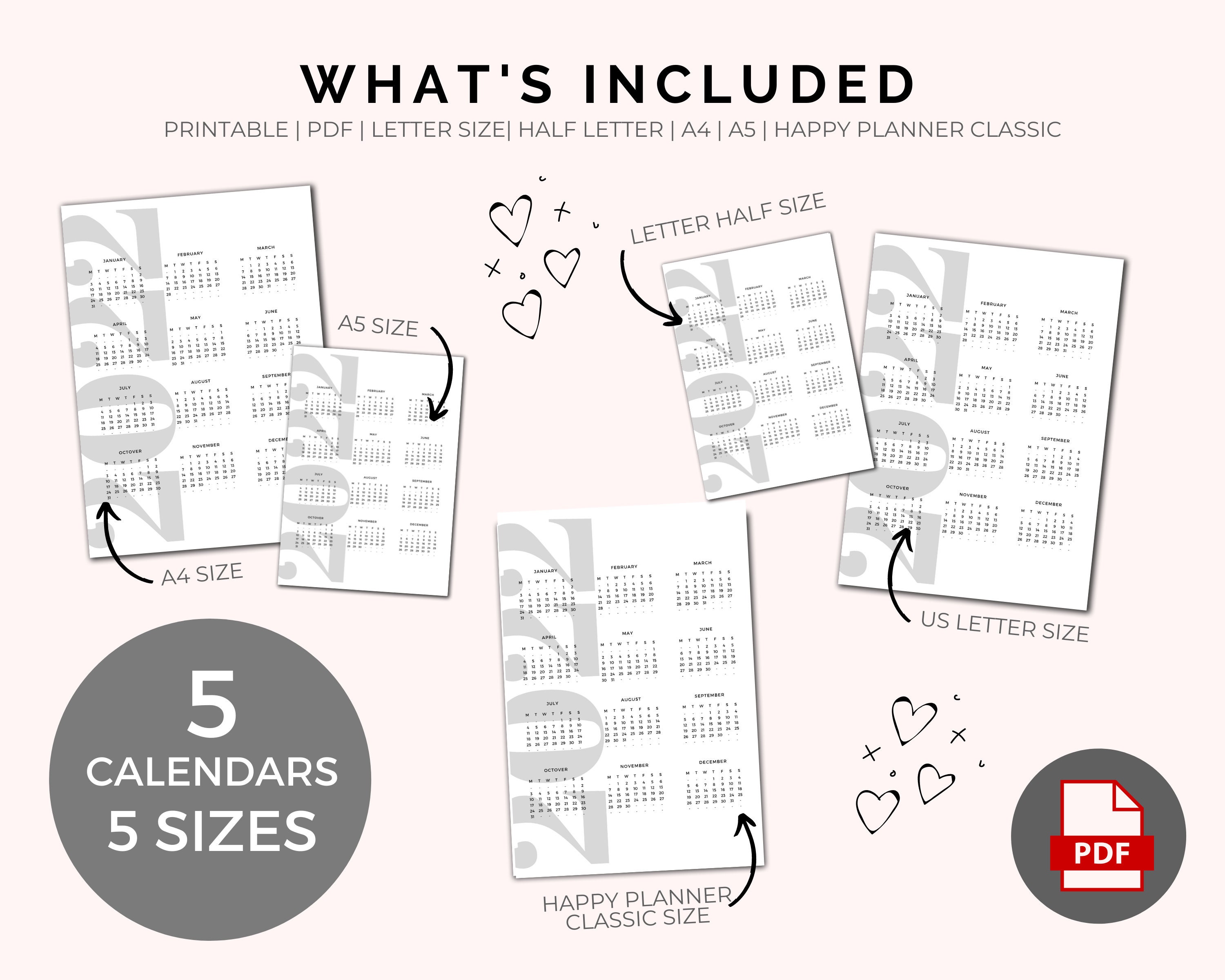 20212025 Calendars Printable Instant Download, Yearly Wall Calendar