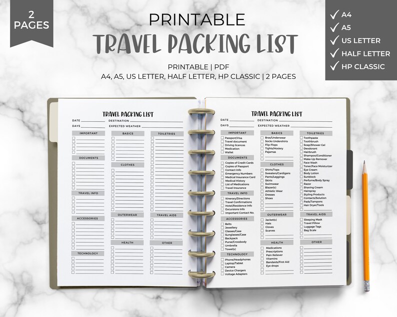Travel Packing List Printable - Instant Download, Vacation Planning ...