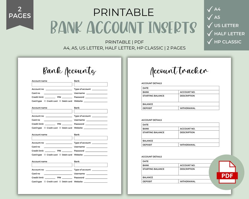 Printable Bank Account Tracker: Finance Organizer (PDF Download) - Etsy