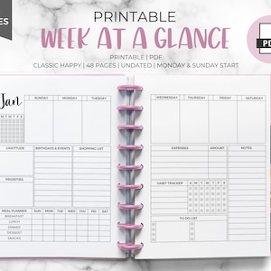 Week at a Glance Printable - Instant Download, Weekly Planner Undated, Layout Spread, Letter, Half Letter, A4, A5, HP Classic Size