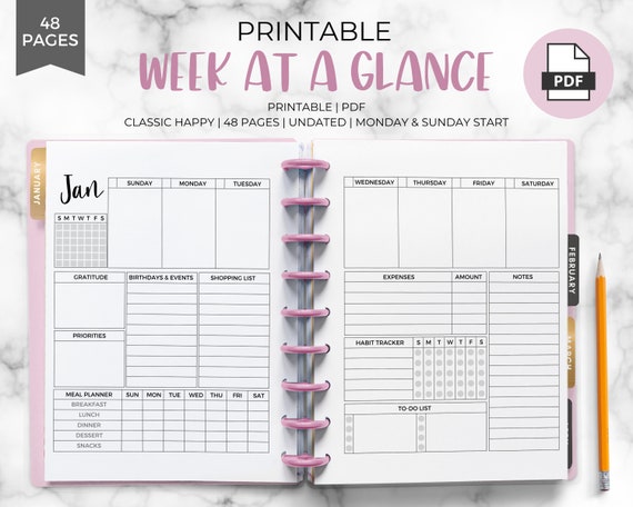 Week at a Glance Printable Instant Download Weekly Planner | Etsy