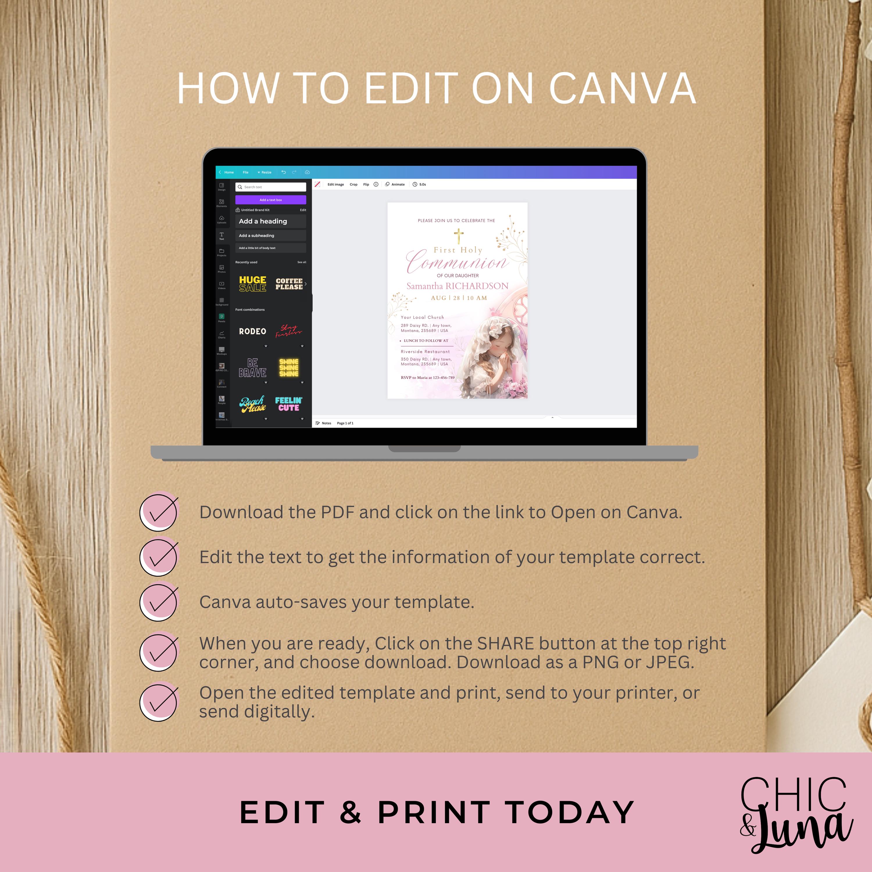 Pink Floral First Communion Invitation Girl: Editable Canva Template ...