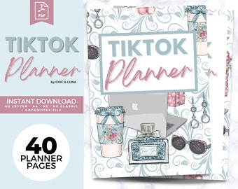 May include: A digital planner titled "TikTok Planner" with a light blue and pink color scheme. The cover features illustrations of a laptop, coffee cup, perfume, sunglasses, and jewelry. The planner includes 40 pages and is available for instant download.
