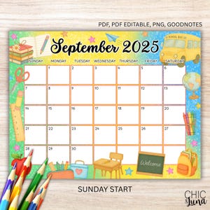 Editable September 2025 Calendar Printable, Back To School Theme, PDF & GoodNotes, Sunday Start, Letter Horizontal, Instant Download