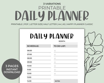 Daily Planner Printable - Instant Download, To-Do List, Improve Productivity, Undated, A5/Half Size/A4/Letter/Happy Planner Classic Size