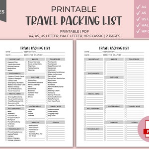 Travel Packing List Printable Instant Download Vacation - Etsy Canada