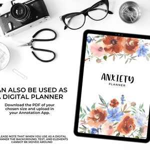 May include: A digital planner with a floral design on the cover. The planner is titled "Anxiety Planner" and features watercolor flowers in shades of blue, pink, and orange.