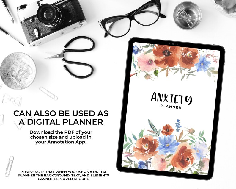 May include: A digital planner with a floral design on the cover. The planner is titled "Anxiety Planner" and features watercolor flowers in shades of blue, pink, and orange.